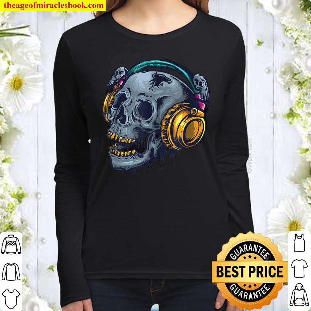 Horror skull with creepy headphones Women Long Sleeved