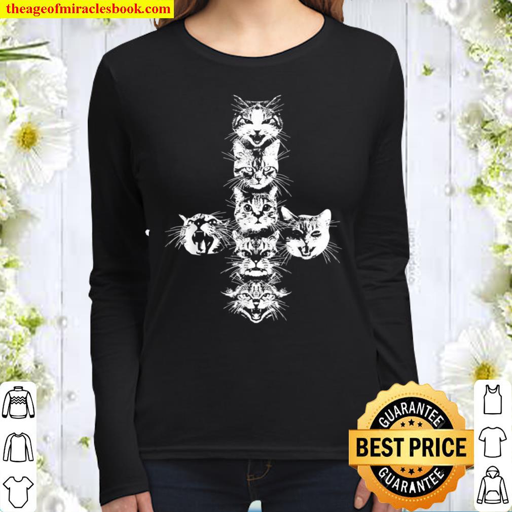 Inverted Cross Of Cat Heads Hissing Women Long Sleeved
