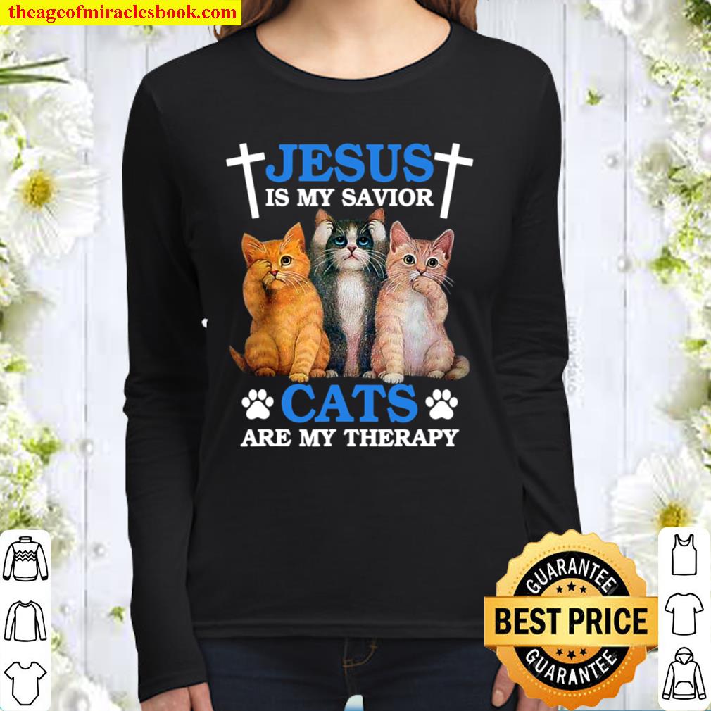 Jesus is My Savior Cat are My Therapy Faith Christ Kitten Women Long Sleeved