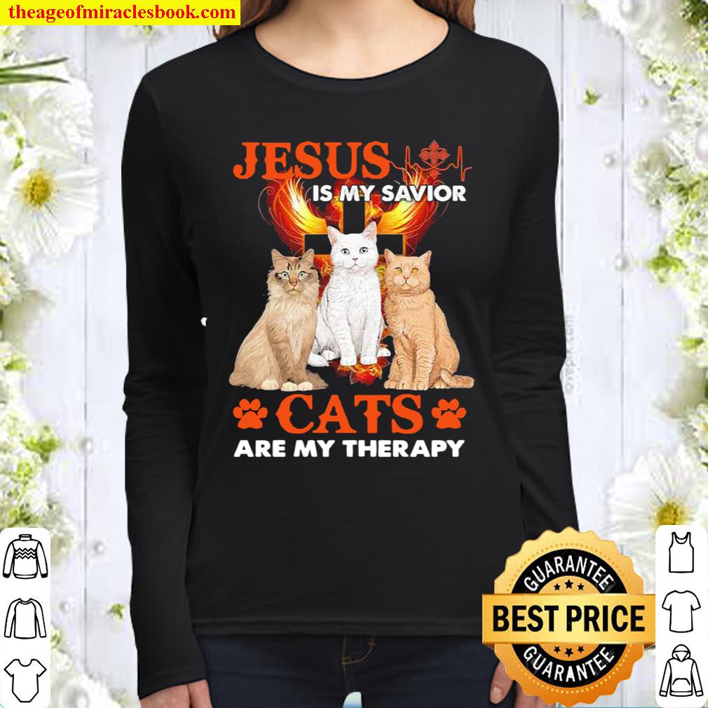 Jesus is my savior Cats are my therapy Women Long Sleeved
