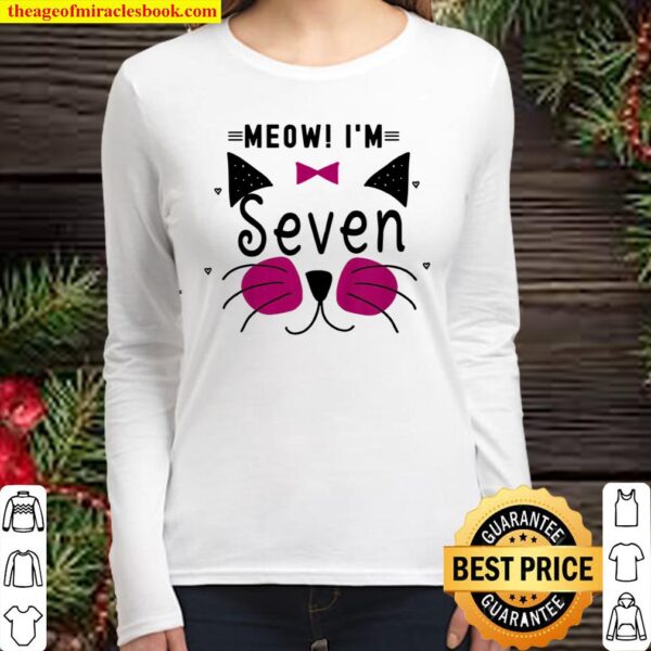 Kids 7th Birthday Kitty Girl Shirt Cat Meow I’m Seven Toddler Women Long Sleeved