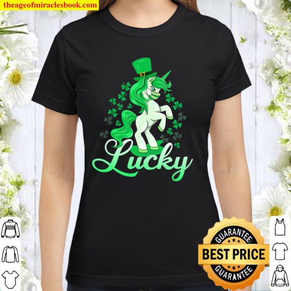 St.Patrick’s Day Girls Lucky Unicorn Shamrock Wearing Mask Classic Women T-Shirt