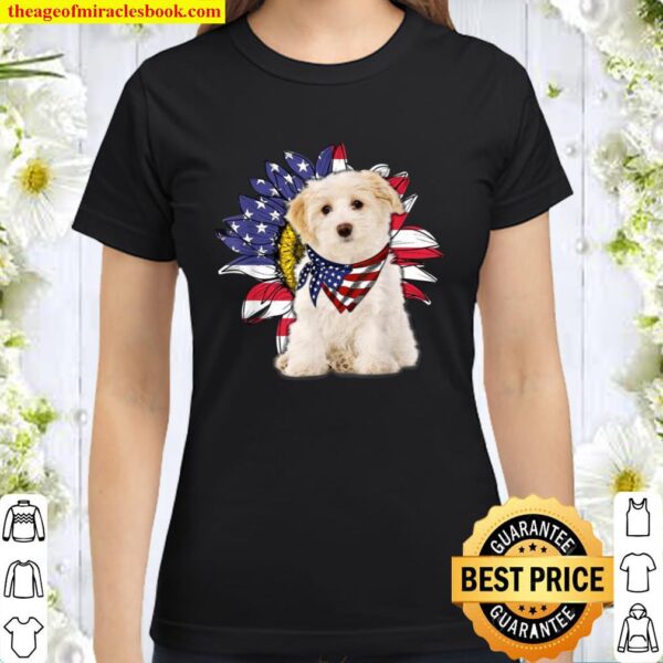 Sunflower American Flag Bichon Frise Dogs Owners Classic Women T-Shirt