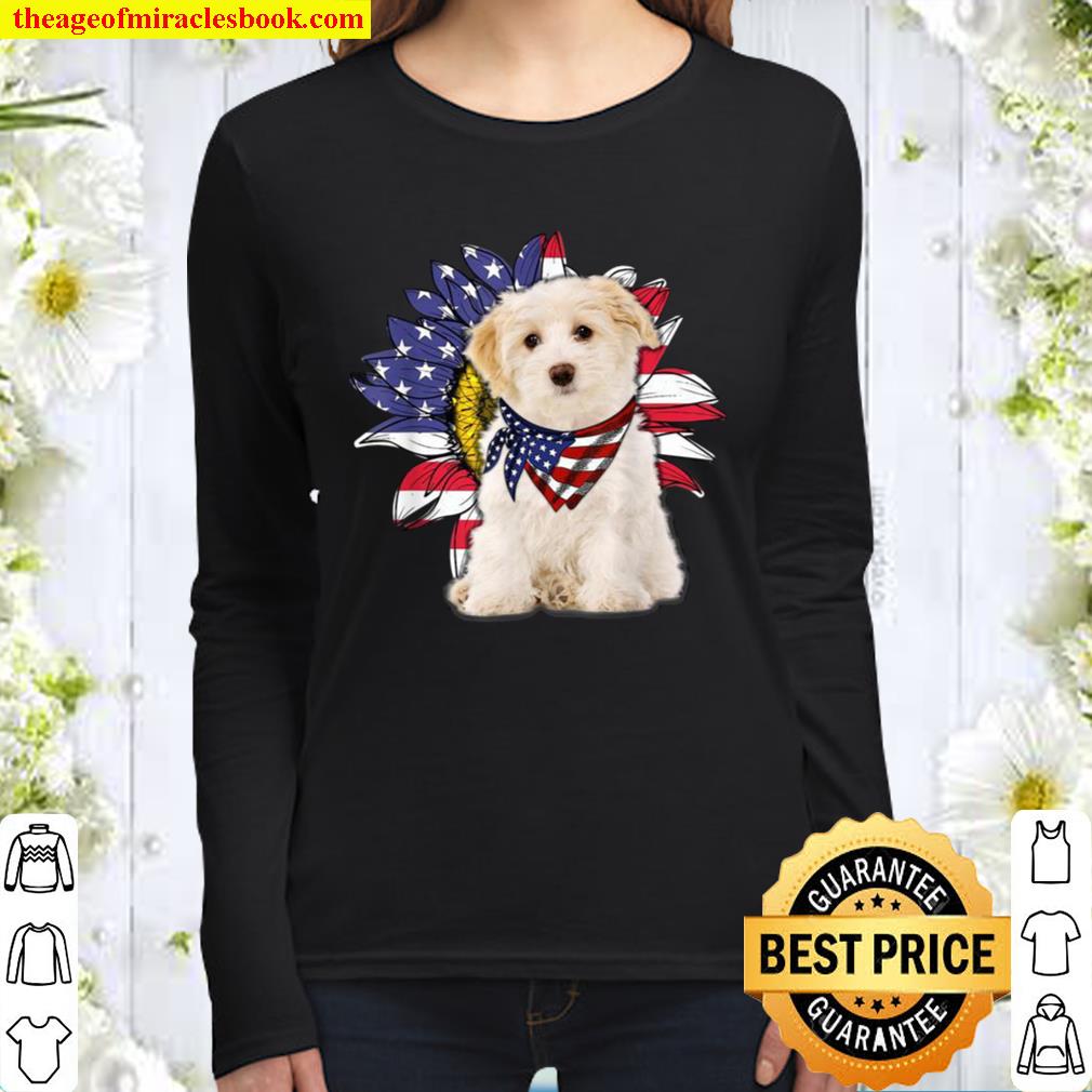 Sunflower American Flag Bichon Frise Dogs Owners Women Long Sleeved