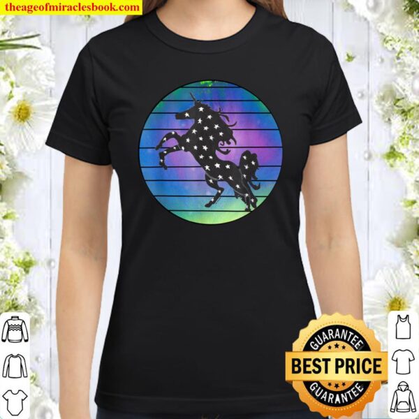 Unicorn Silhouette Over Abstract Circle with Black Lines Classic Women T-Shirt