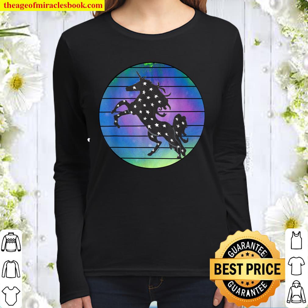 Unicorn Silhouette Over Abstract Circle with Black Lines Women Long Sleeved