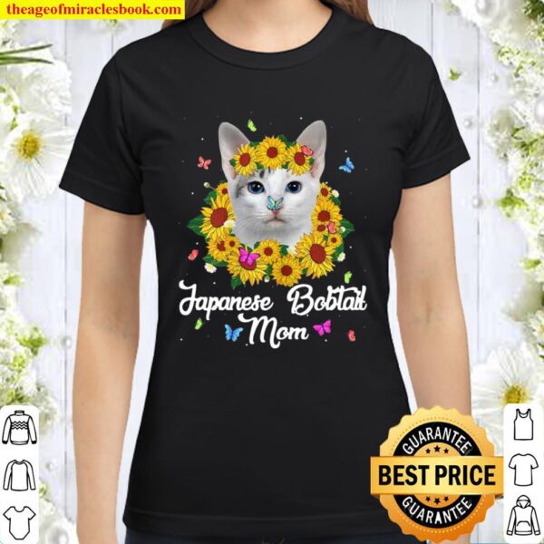 Womens Cute Japanese Bobtail Mom Sunflower Cat Mom Mother’s Day Classic Women T-Shirt