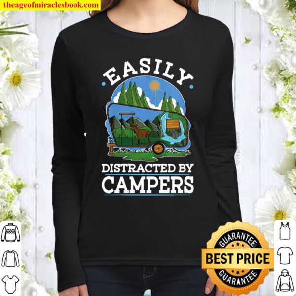 Womens Easily Distracted By Campers RV Camping Traveling Women Long Sleeved