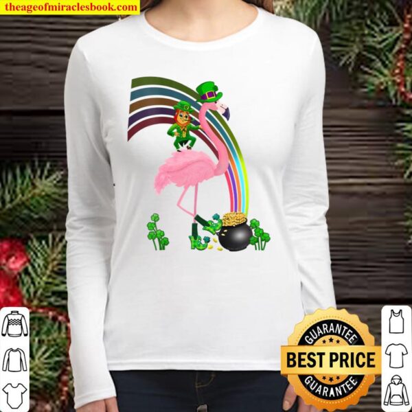 Womens Funny St. Paddy’s Flamingo With Leprechaun St. Patrick’s Day V- Women Long Sleeved