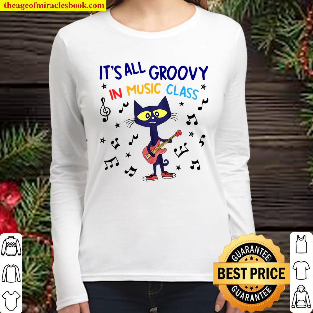 Cat Playing Guitar Music It’s All Groovy In Music Class Women Long Sleeved
