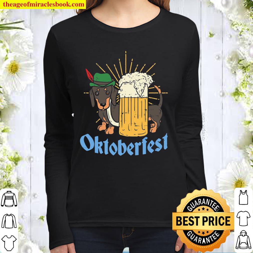 Funny Oktoberfest German Dachshund Dog Drinking Beer Women Long Sleeved