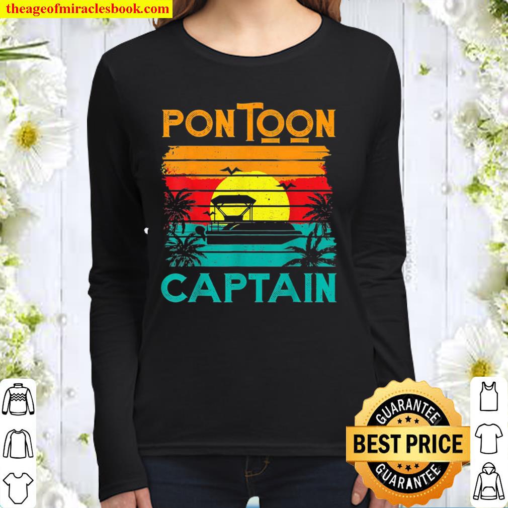 Funny Pontoon Captain Shirt Retro Vintage Style Pontoon Boat Women Long Sleeved