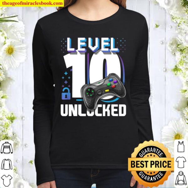 Level 10 Unlocked Video Gamer 10th Birthday Women Long Sleeved