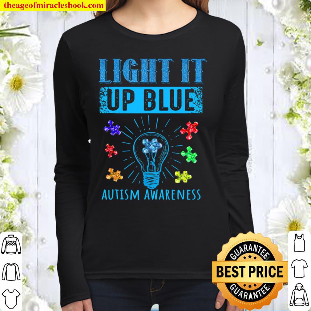 Light It Up Blue Puzzle Piece Autism Awarenesss Women Long Sleeved
