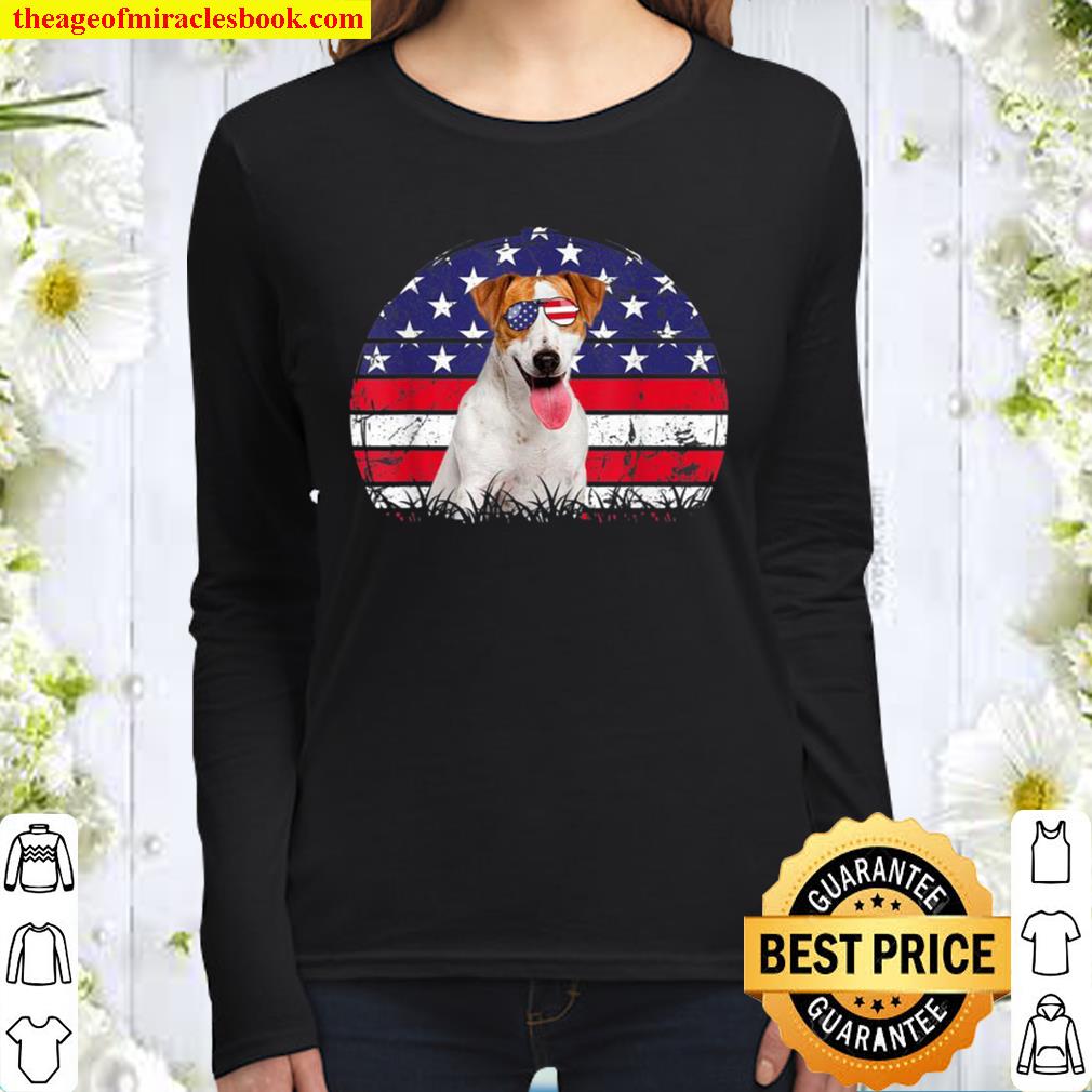 Retro American Flag Dog Jack Russell Terrier Patriotic Women Long Sleeved