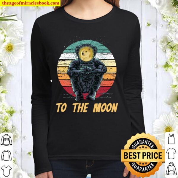 Retro Dogecoin to the Moon Shirt, Astronaut Doge Coin Crypto Women Long Sleeved