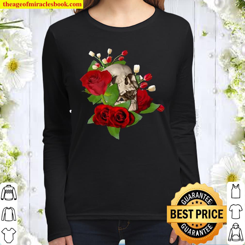 Skull In A Bed Of Flowers Cool Unique Art Women Long Sleeved