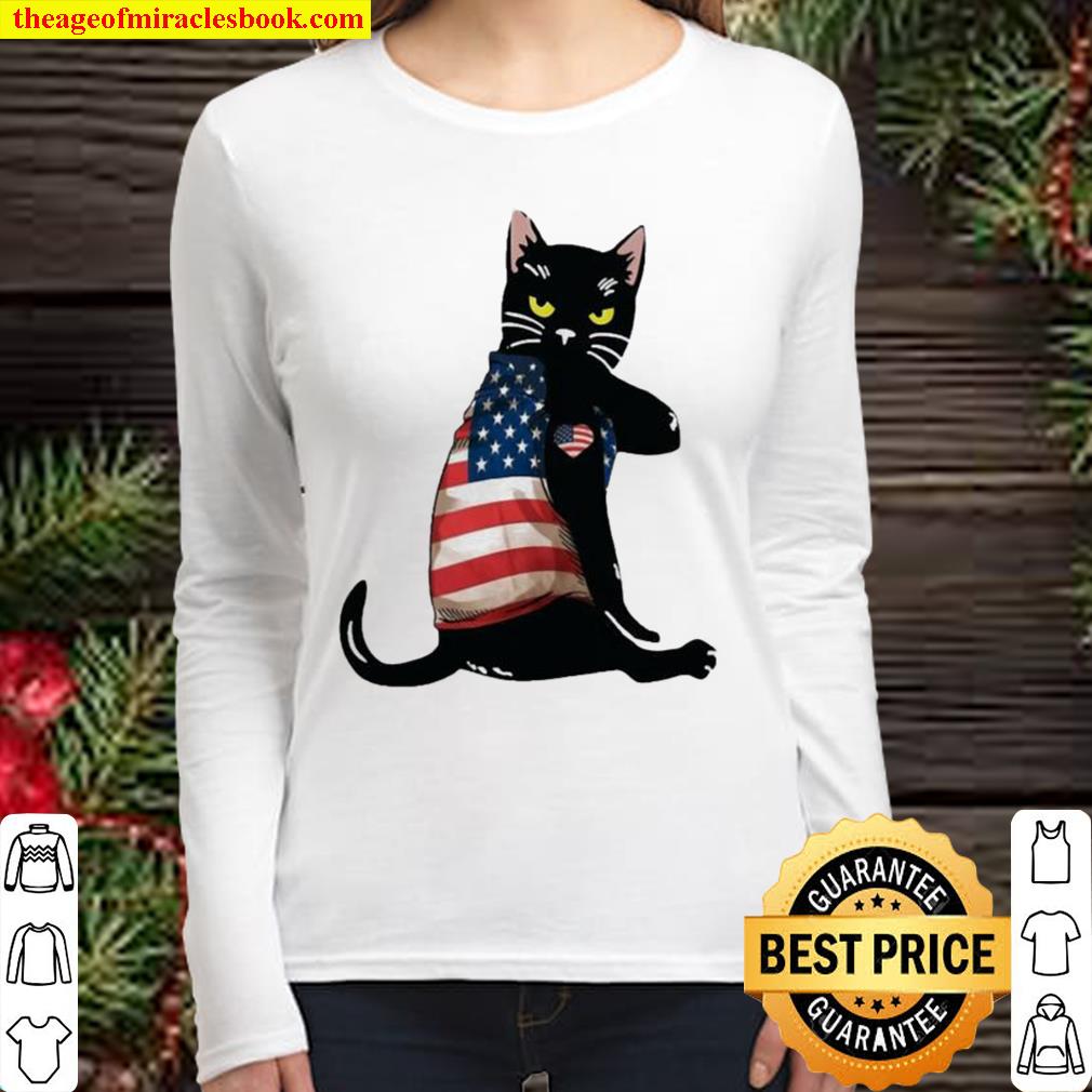 Strong Cat patriotic American flag Women Long Sleeved