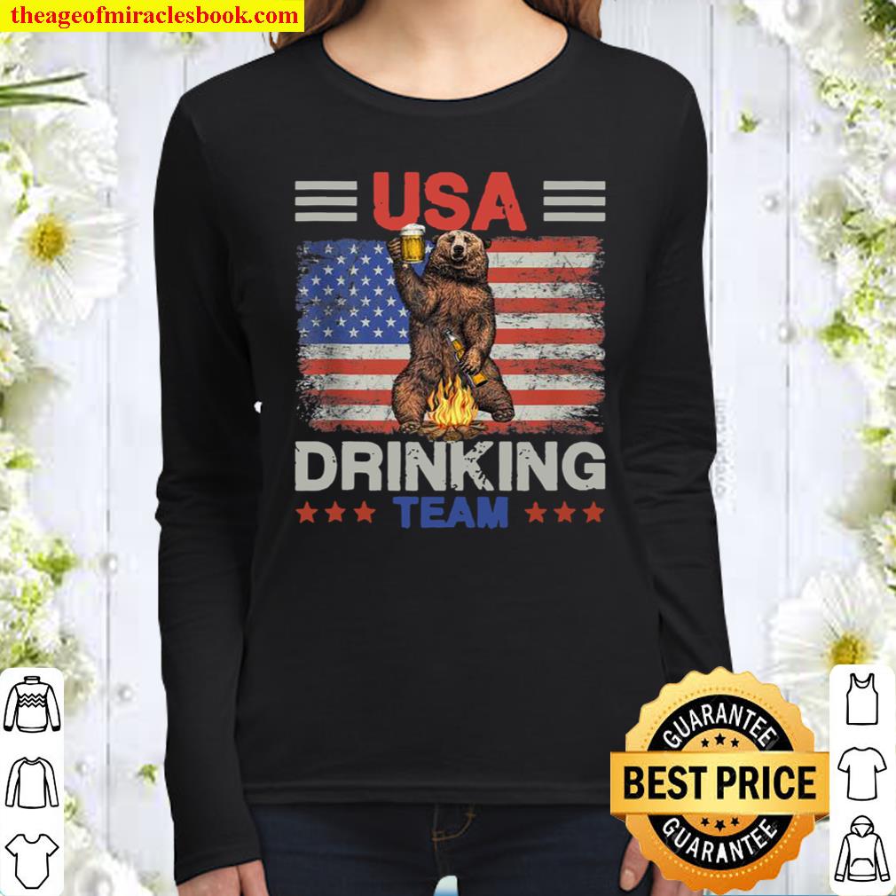 USA Drinking Team American Flag 4th of July Bear Drink Women Long Sleeved