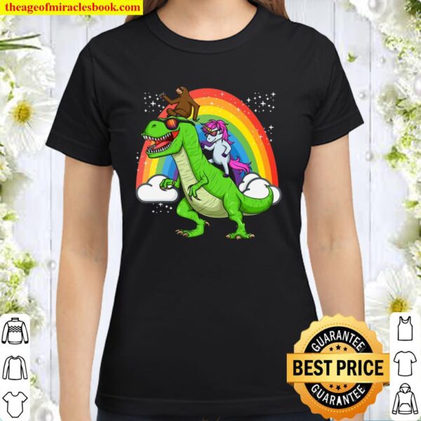 Unicorn Sloth Riding Dinosaur T Rex Rainbow Gift Classic Women T-Shirt