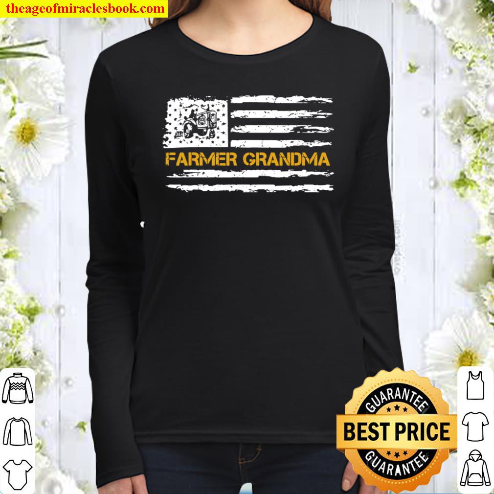 Vintage American Flag Farm Farmer Tractor Grandma Silhouette Women Long Sleeved