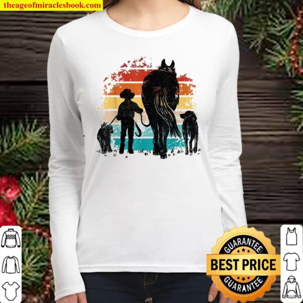 Vintage boy with dogs and horse, horseback riding boys Women Long Sleeved