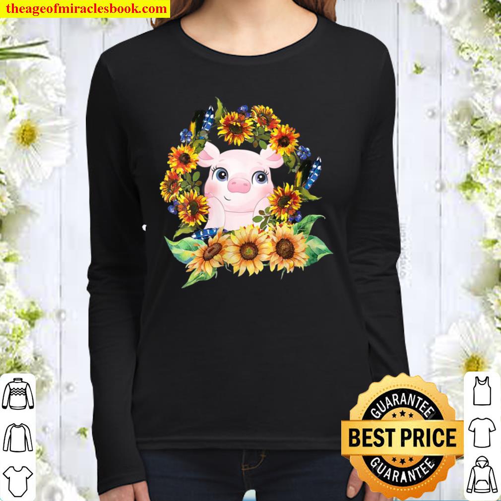 Womens Cute pig surrounded Sunflowers And Pigs Kawaii Farm Animal Women Long Sleeved