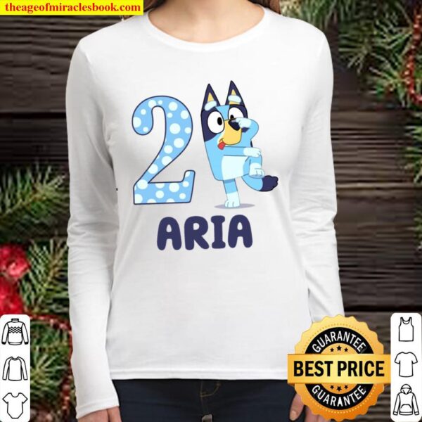 2 Years Old Aria Personalised 2Nd Birthday Gift Bluey Bandit Heeler Women Long Sleeved