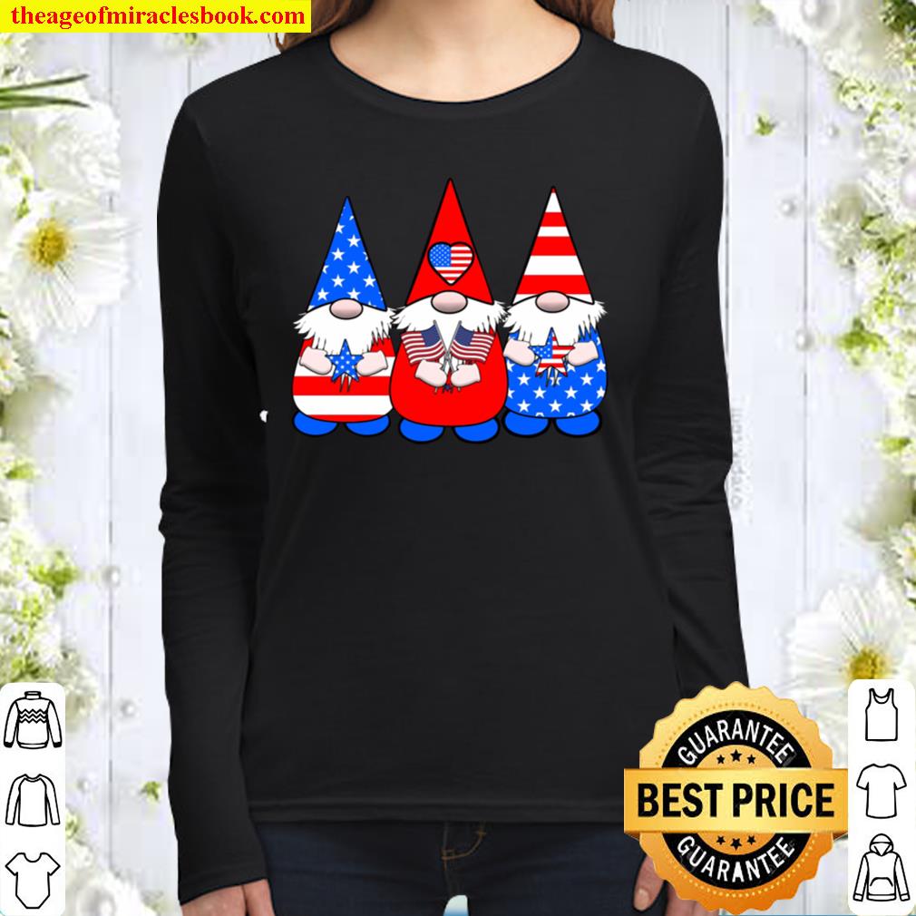 3 Patriotic Gnomes American Flag Red White Blue USA Women Long Sleeved