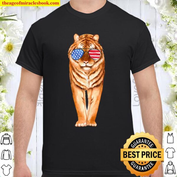 Big Cat Tiger Wearing Sunglasses American Flag USA Design Shirt