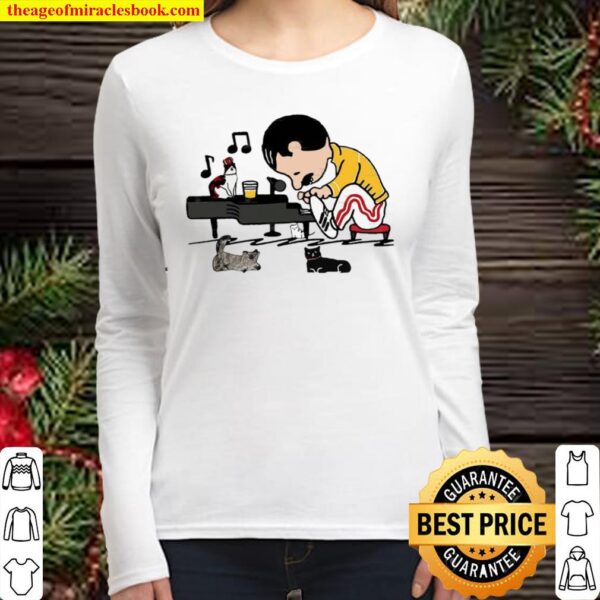 Freddie Mercury in style Schroeder play piano peanuts cats Women Long Sleeved