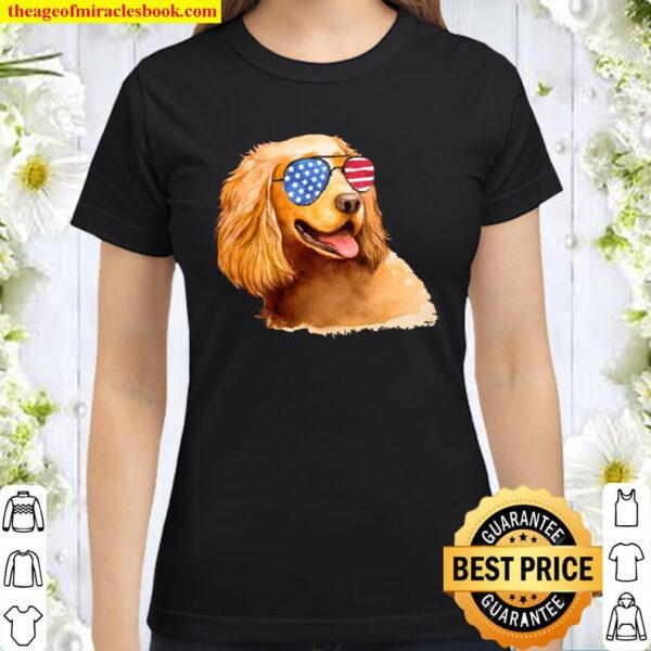 Golden Retriever Dog American Flag Sunglasses USA Design Classic Women T-Shirt