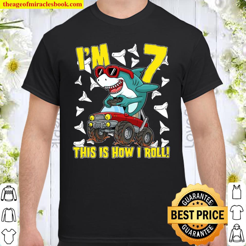Kids 7 Years Old 7Th Birthday Monster Truck Shark Gifts Premium new Shirt, Hoodie, Long Sleeved, SweatShirt