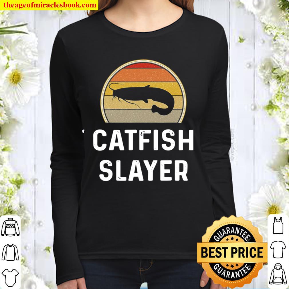 Mens Catfish Slayer Fishing Gifts Funny Fisherman Shirt Retro Women Long Sleeved