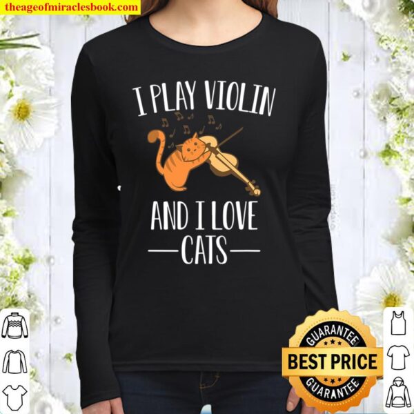 Orange Cat Playing Violin Classical Concert Violinist Women Long Sleeved