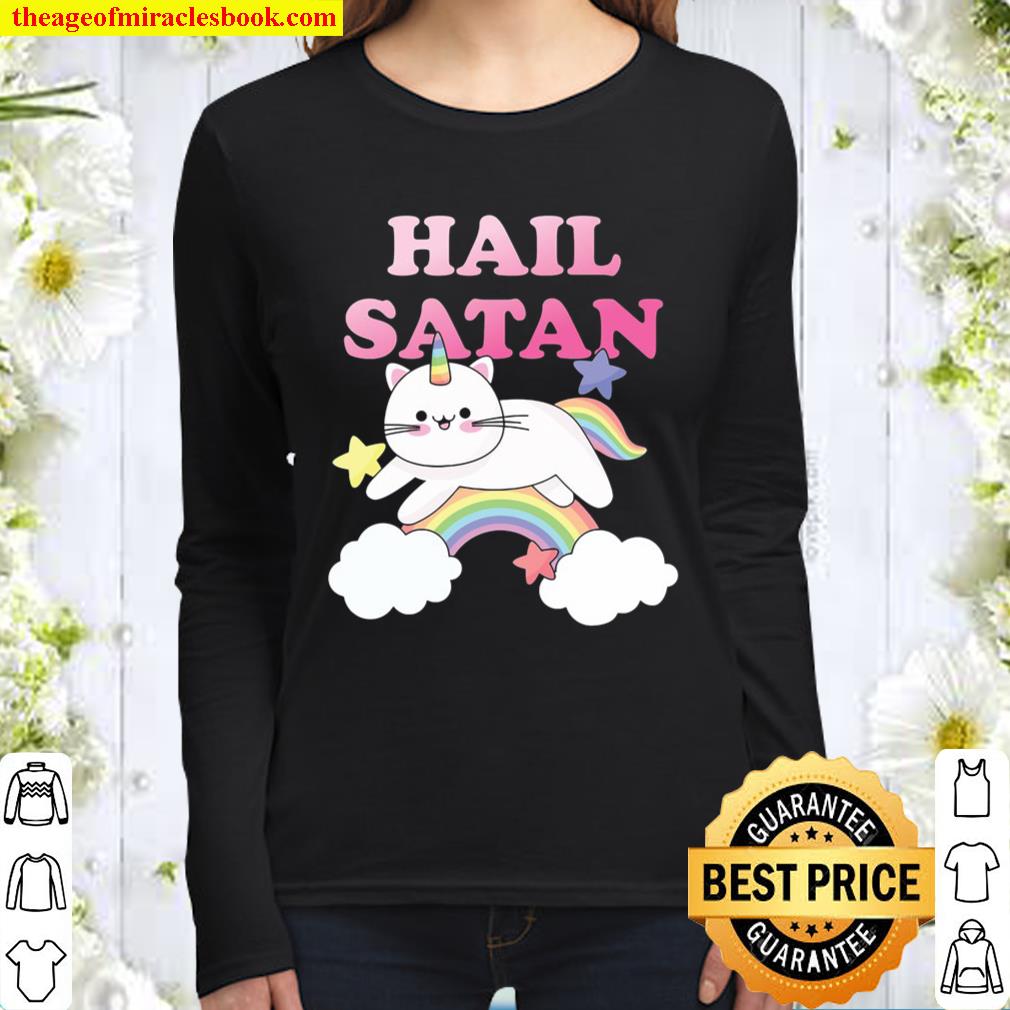 Rainbow Satanic Unicorn Cat Hail Satan Women Long Sleeved