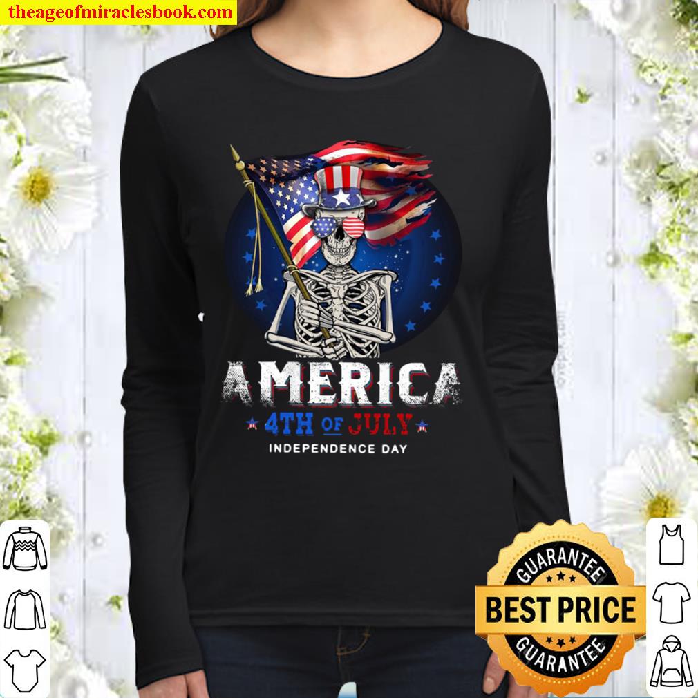 Skull Flag America 4th of July Independence Day Women Long Sleeved