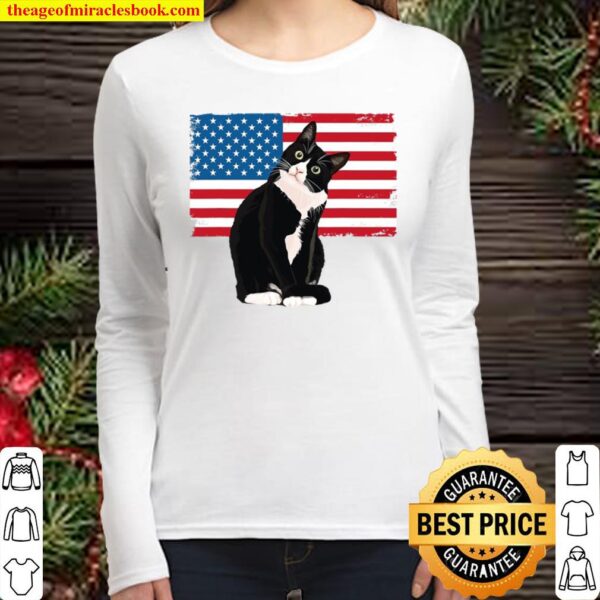 Tuxedo Cat Tshirt 4Th Of July Patriotic Tee Gift Adults Kids Women Long Sleeved