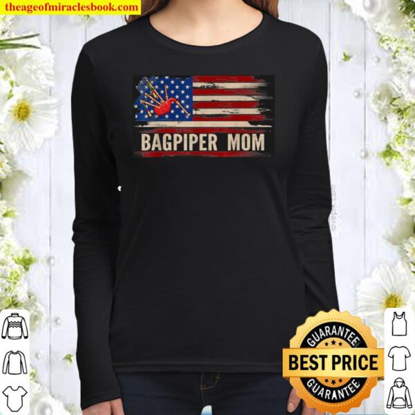 Vintage Bagpiper Mom American USA Flag Music Women Long Sleeved
