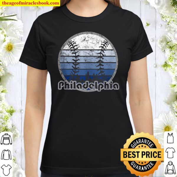 Vintage Philadelphia Baseball Sunset With Philly Skyline Classic Women T-Shirt