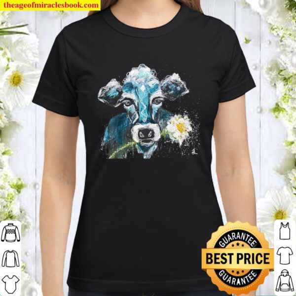 Womens Cow Face Painting Farmhouse Floral Farm Girl Blue Black Classic Women T-Shirt