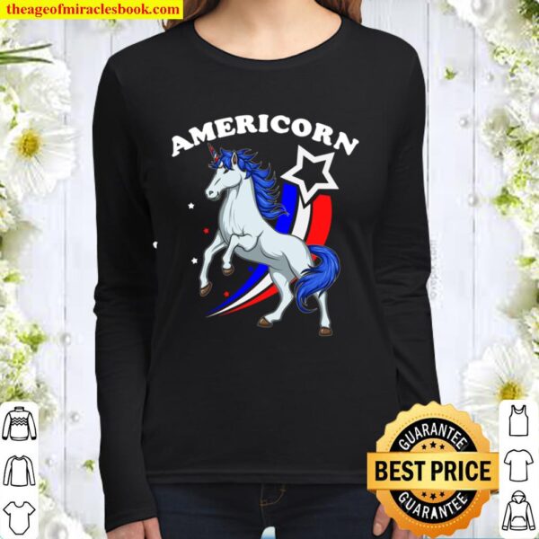 4th of July Americorn American Flag Unicorn Independence Day Women Long Sleeved