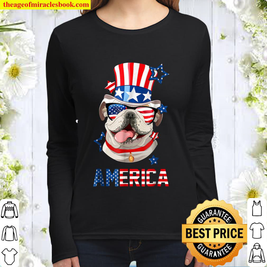America English Bulldog T-Shirt Dog Owner 4th of July Women Long Sleeved