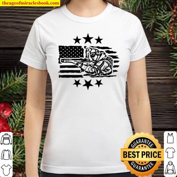 American Flag Army Shirt American Soldier 4th of July Outfit Proud Arm Classic Women T-Shirt