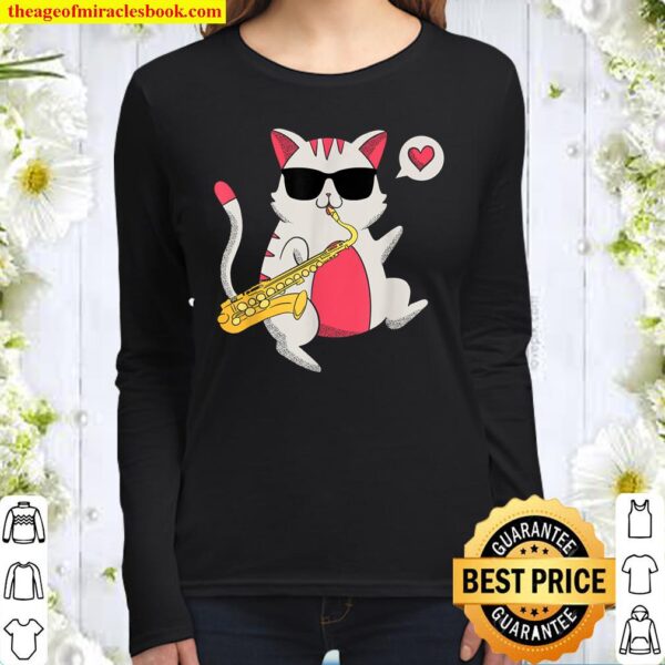 Cat Playing Saxophone Saxophonist Musician Women Long Sleeved