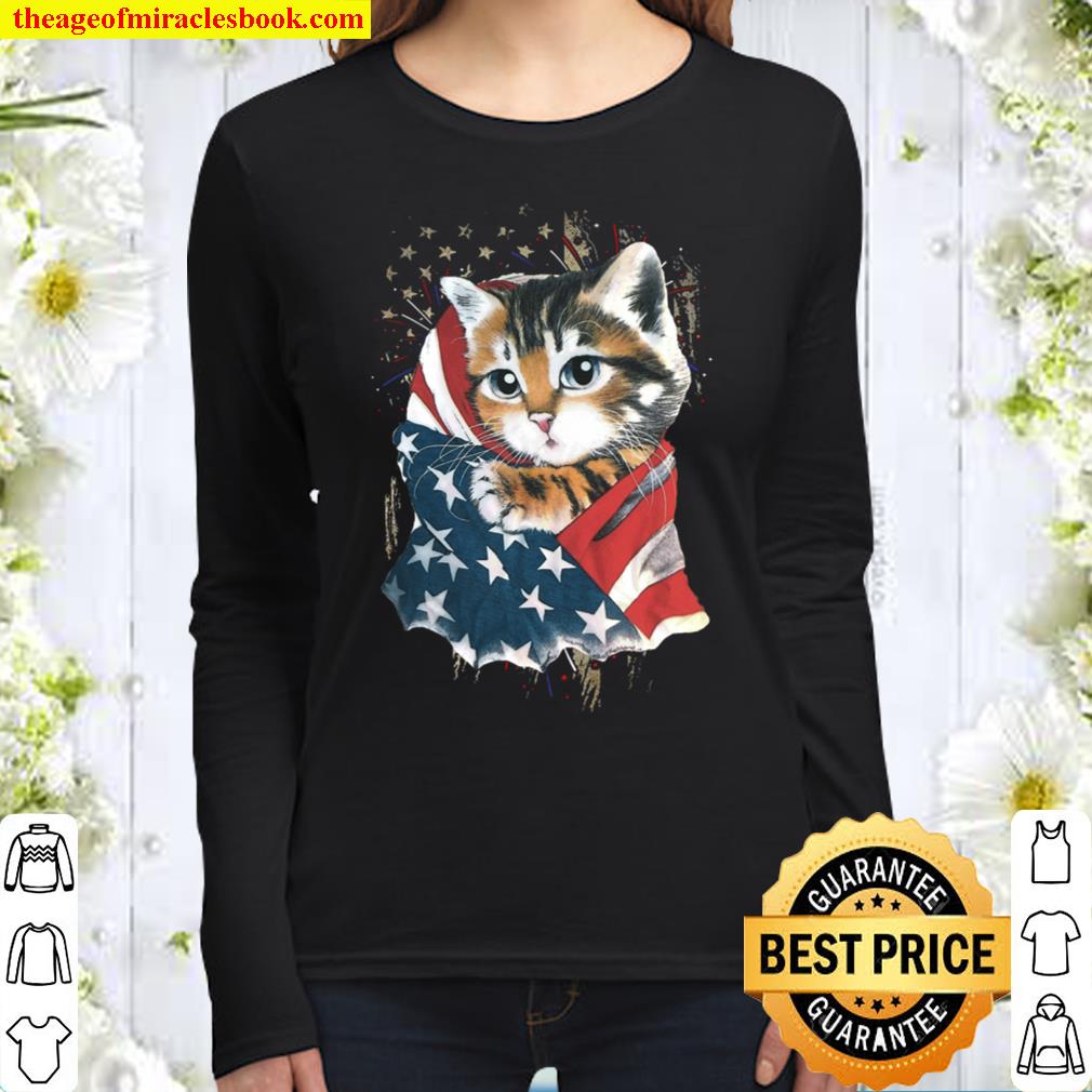 Cat cool American flag - for cat lover Women Long Sleeved