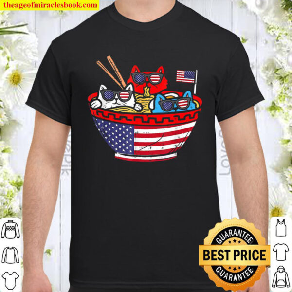 Cats Ramen Anime American Flag USA Shirt