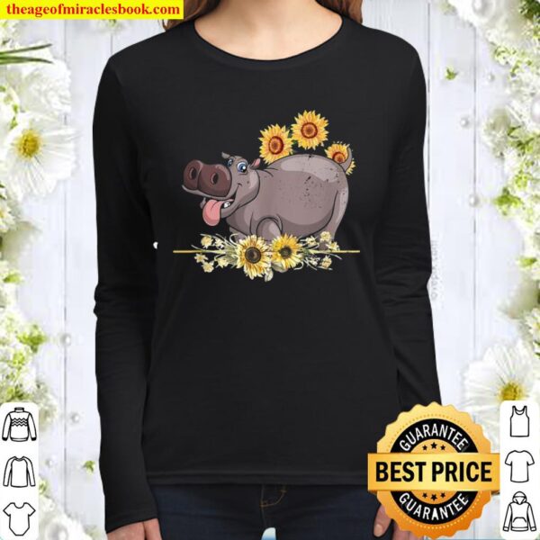 Cute Hippopotamus Zoo Animal Sunflower Hippo Women Long Sleeved