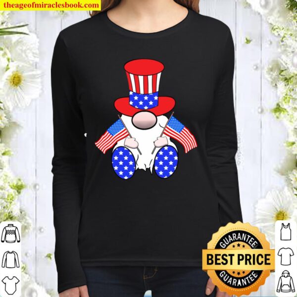Cute Patriotic Gnome American Flag Happy 4th of July Women Long Sleeved