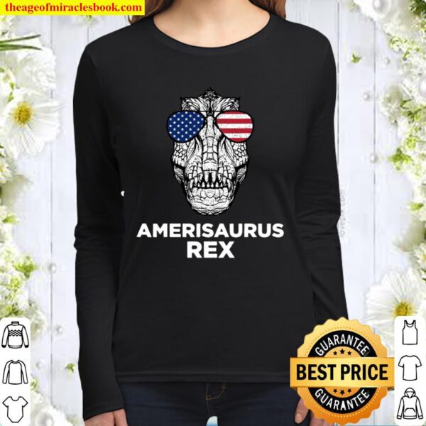 Dinosaur 4Th Of July Amerisaurus T Rex American Flag Glasses Women Long Sleeved